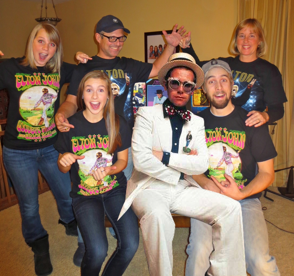 This crazy picture is the cover of our family Christmas Card: we embraced our love for Elton John as one of the miracles of 2013.